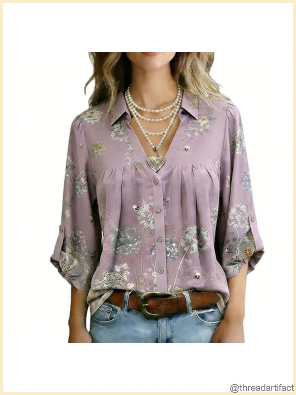 Vintage Dandelion Floral Split Neck 3/4 Sleeve Blouse